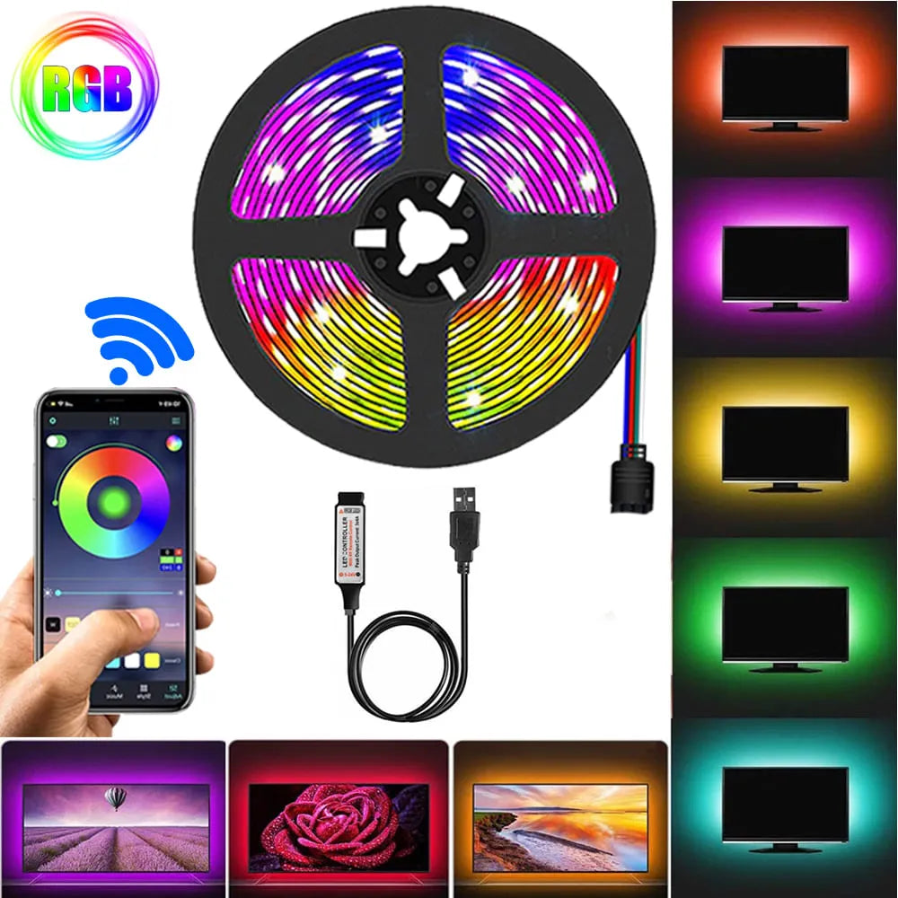 Cinta de luz LED con Bluetooth y USB, cinta Flexible de luces RGB.